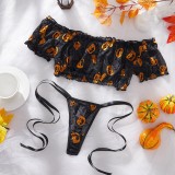 Lingerie Pumpkin Print Off-Shoulder Top Lace-Up Thong Halloween Cosplay Set