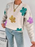Women autumn/winter multi-color flower sequin embroidery round-neck long-sleeved sweater