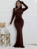 Women Solid Long-Sleeve Slash Shoulder Fishtail Bodycon Dress