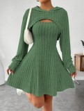 Long Sleeve Hoodie Top and Strap Square Neck A-Line Dress Set