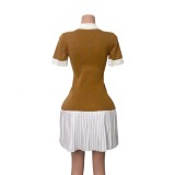 Women Contrast Color Turndown Collar Knitting Short-Sleeved Pleated Dress