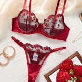 Lingerie Mesh Red Velvet Rose Embroidered Underwire Push-Up Bra Panties Set Women