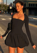 Women Elegant Square Neck Floral Long-Sleeved Solid Dress