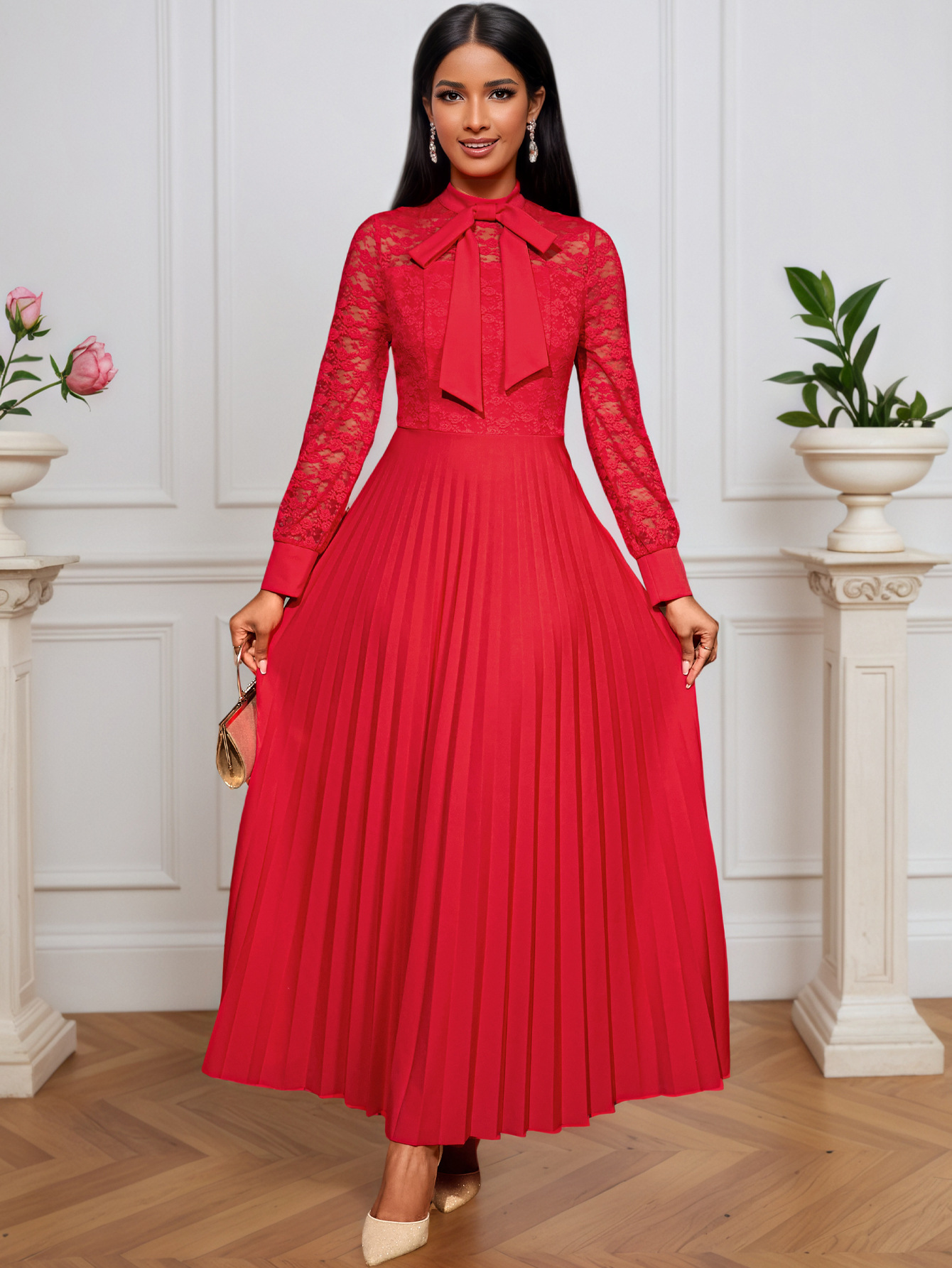 Women elegant bow lace see-through Long-sleeved pleated dress