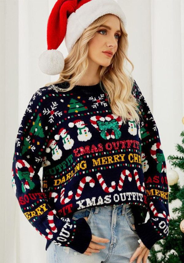 Christmas autumn/winter Christmas tree round neck sweater with sequined snowman