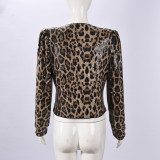 Women Leopard Sequin Long-Sleeved Blazer Coat