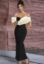 Women sexy off-the-shoulder strapless contrasting patchwork formal party dress