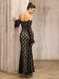 Women French Off-Shoulder Lace Long-Sleeve Maxi Dresses