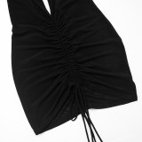 Women's Autumn Solid Color Sexy Off-Shoulder Short Sleeve Low Back Lace-Up Pleated Short Dress