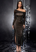 Women Long-Sleeved Draped Slash Shoulder Dress