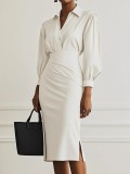 Women Fall V-Neck Solid Pleated Dress
