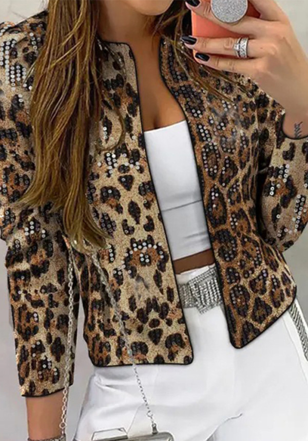 Women Leopard Sequin Long-Sleeved Blazer Coat