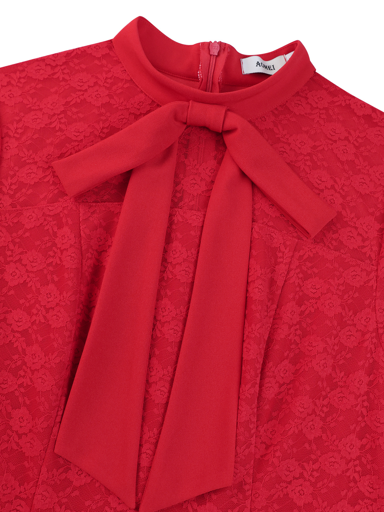 Women elegant bow lace see-through Long-sleeved pleated dress