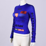 Autumn Fitted Crop Print Stretch Round Neck Long Sleeve Top