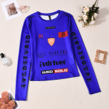 Autumn Fitted Crop Print Stretch Round Neck Long Sleeve Top