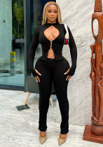 Women Cutout Hook-and-Snap Zipper Top and Pants Two-Piece Set Women Cutout Hook-and-Snap Zipper Top and Pants Two-Piece Set