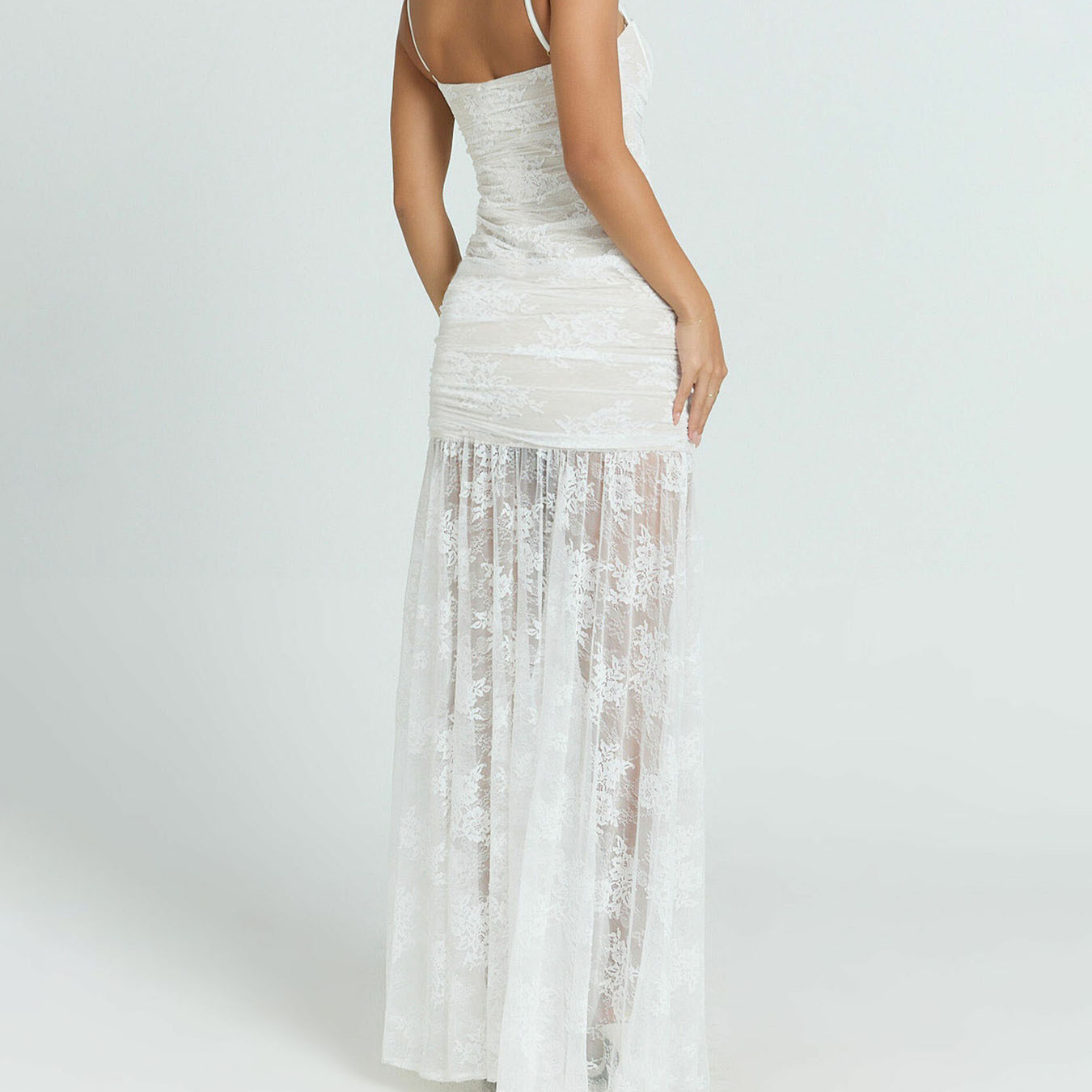 Women Sexy Lace Patchwork Gathered Backless Slit Mesh Maxi Strap Dress