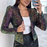 Women Leopard Sequin Long-Sleeved Blazer Coat