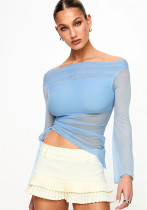 Women autumn solid long-sleeved off-shoulder sexy mesh patchwork top Women autumn solid long-sleeved off-shoulder sexy mesh patchwork top
