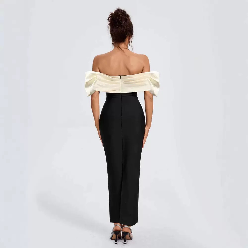 Women sexy off-the-shoulder strapless contrasting patchwork formal party dress