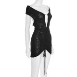 Women's Autumn Solid Color Sexy Off-Shoulder Short Sleeve Low Back Lace-Up Pleated Short Dress
