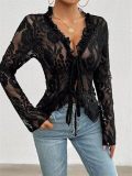 Women see-through lace long-sleeved ruffled mesh crop top