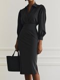 Women Fall V-Neck Solid Pleated Dress