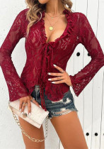 Women see-through lace long-sleeved ruffled mesh crop top