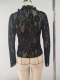 Women see-through lace long-sleeved ruffled mesh crop top