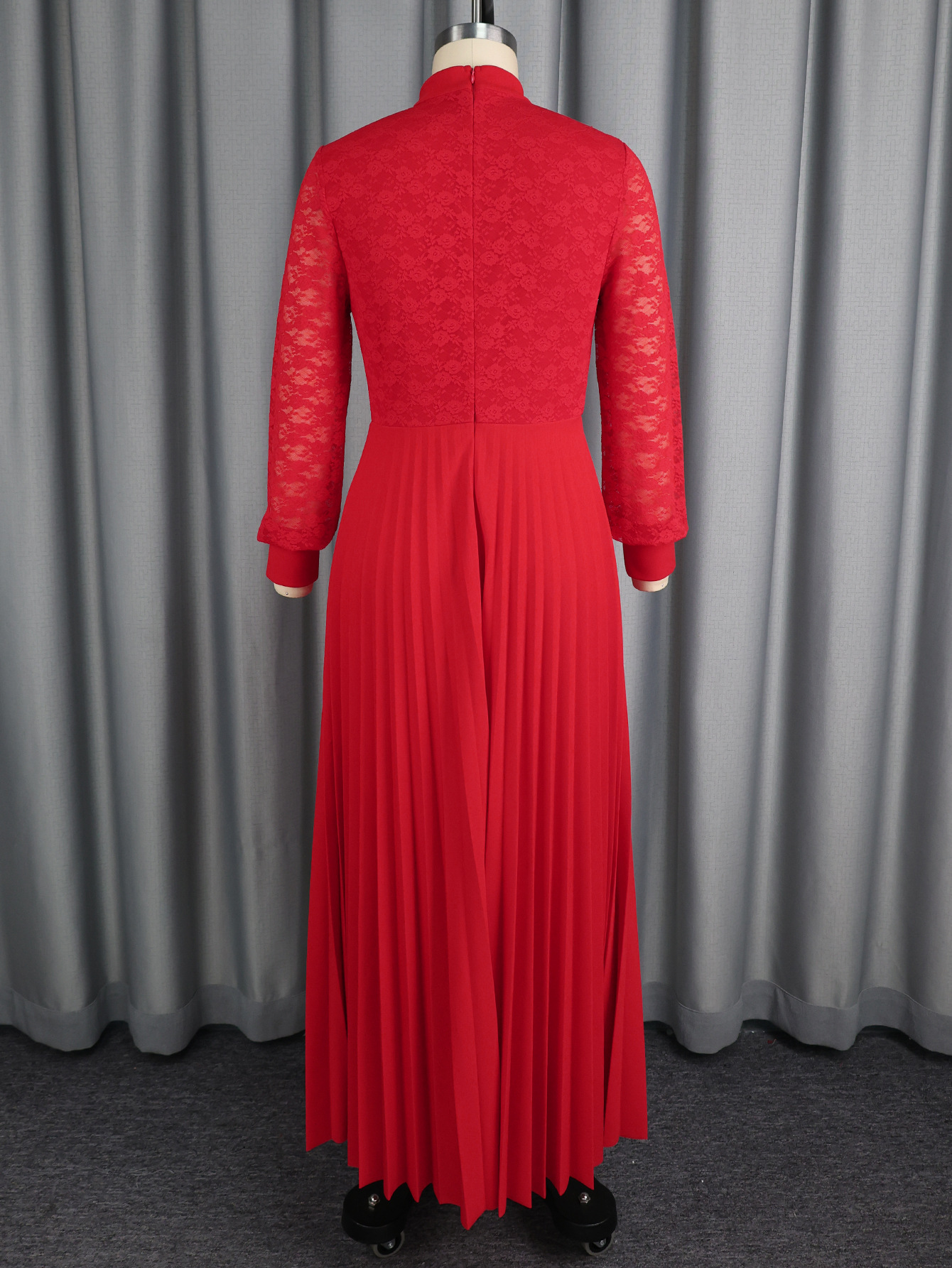 Women elegant bow lace see-through Long-sleeved pleated dress