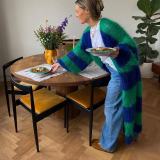 Women autumn contrasting striped long coat sweater