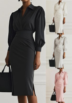 Women Fall V-Neck Solid Pleated Dress