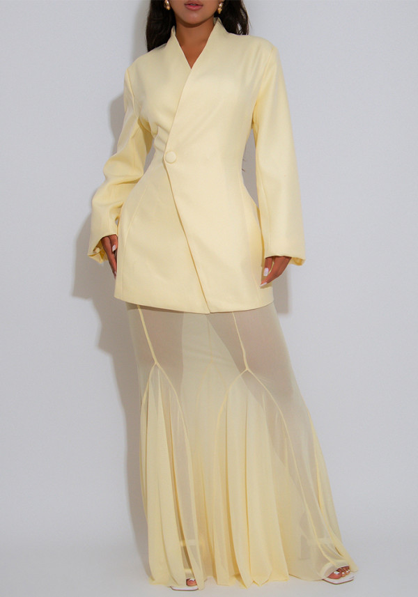 Women elegant autumn solid blazer and mesh two-piece skirt