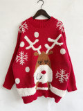 Christmas elk snowflake flocked jacquard round neck knitting sweater