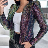 Women Leopard Sequin Long-Sleeved Blazer Coat
