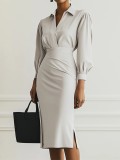 Women Fall V-Neck Solid Pleated Dress
