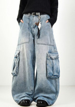 Plus-Size Women American Blue Cargo Denim Wide-Leg Pants Plus-Size Women American Blue Cargo Denim Wide-Leg Pants