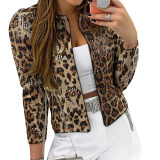 Women Leopard Sequin Long-Sleeved Blazer Coat