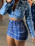 Women Plaid Stretchy Denim Skirt