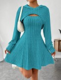 Long Sleeve Hoodie Top and Strap Square Neck A-Line Dress Set