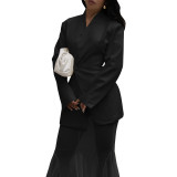 Women elegant autumn solid blazer and mesh two-piece skirt