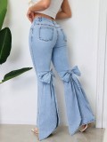 Bow Tie Stretch Mid-Waist Denim Bell Bottom Pants