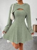 Long Sleeve Hoodie Top and Strap Square Neck A-Line Dress Set