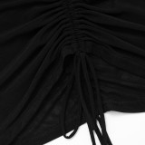 Women's Autumn Solid Color Sexy Off-Shoulder Short Sleeve Low Back Lace-Up Pleated Short Dress