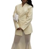 Women elegant autumn solid blazer and mesh two-piece skirt