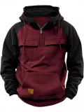 Spring Autumn Men's Raglan Sleeve Half Zip Hoodie Sport Multi-Pocket Hooded Trendy Hoodie