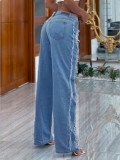 Women Ripped Tassel Denim Pants