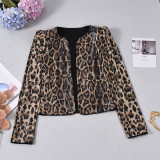Women Leopard Sequin Long-Sleeved Blazer Coat