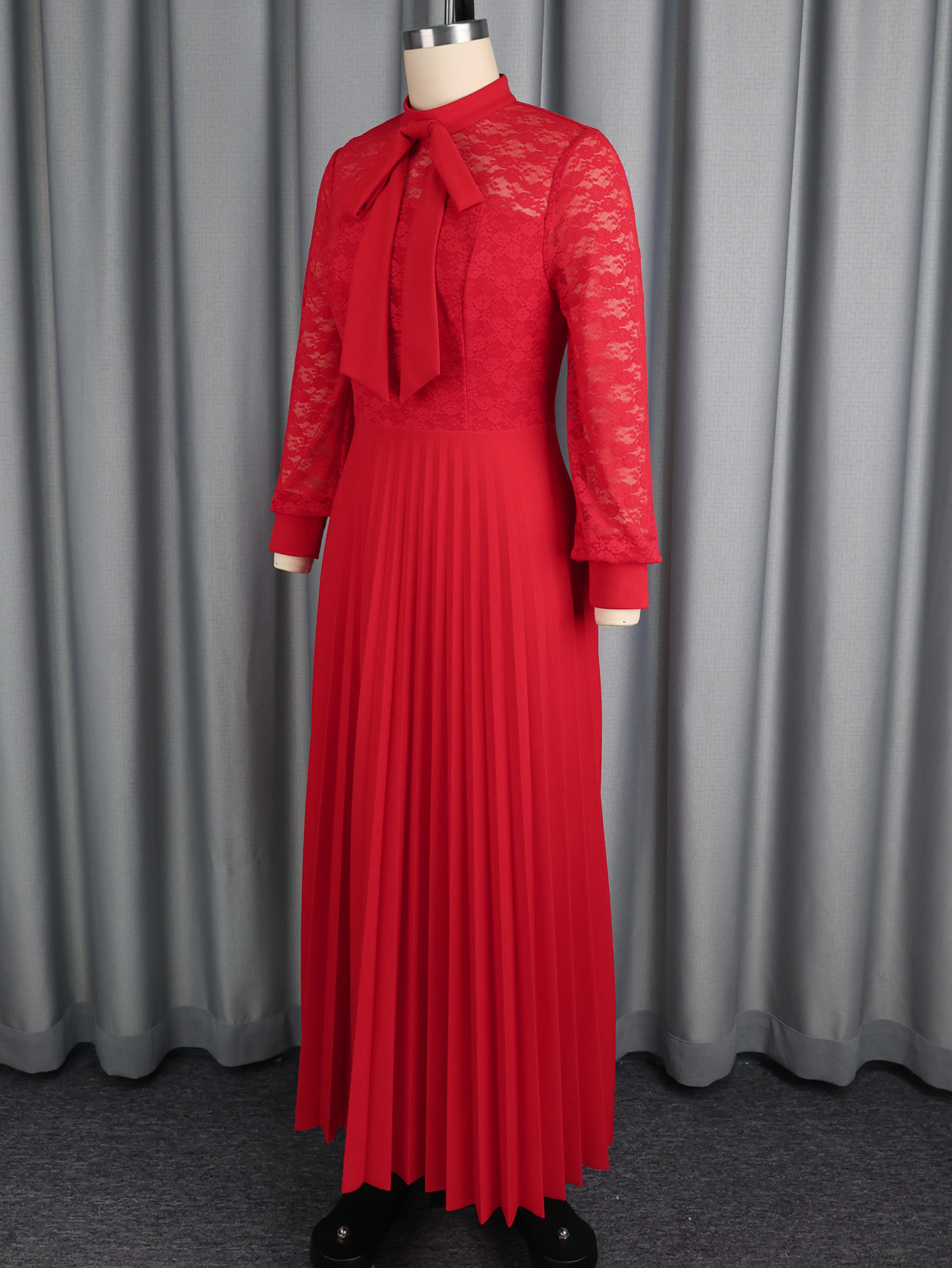 Women elegant bow lace see-through Long-sleeved pleated dress