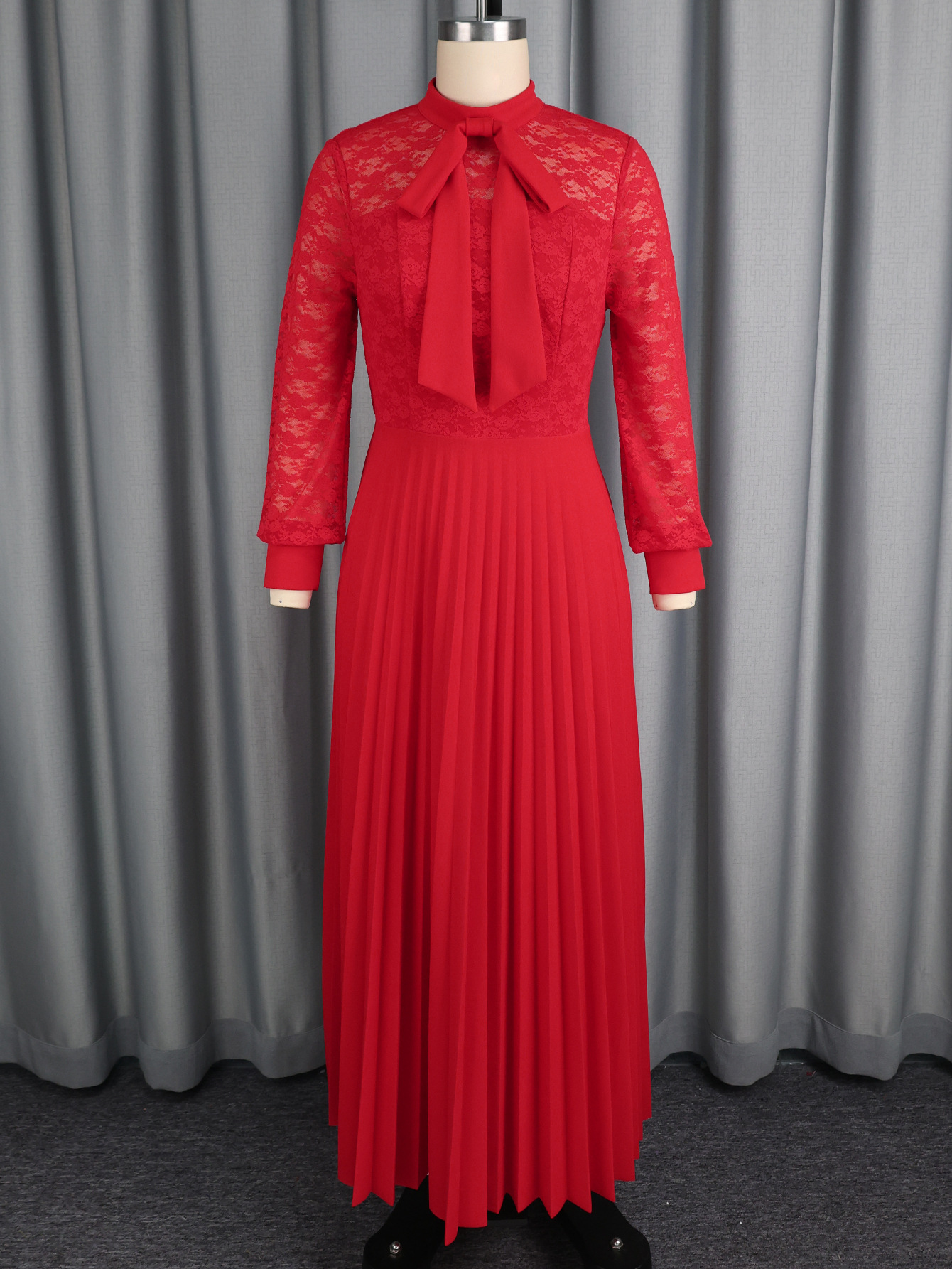 Women elegant bow lace see-through Long-sleeved pleated dress